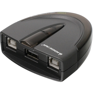 Black, compact Iogear GUB231 2-Port USB 2.0 Automatic Printer Switch with two USB ports, a sleek design, and a pen-shaped toggle for easy switching between devices.