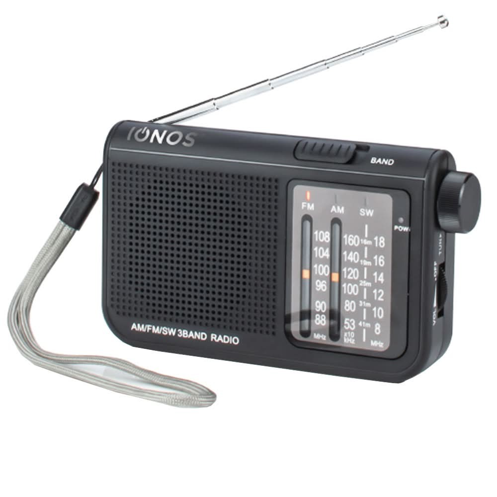 Compact black IONOS Breda Pocket Radio with FM, AM, and shortwave bands, featuring a telescopic antenna, a textured speaker grille, and a wrist strap for portability.
