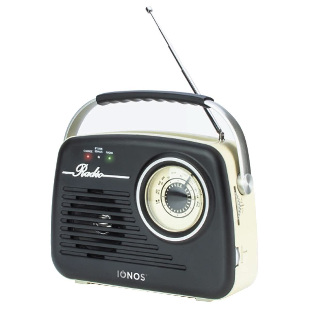Black and cream retro-style radio with a silver antenna, featuring a round tuning dial, channel selector, and Bluetooth capability.