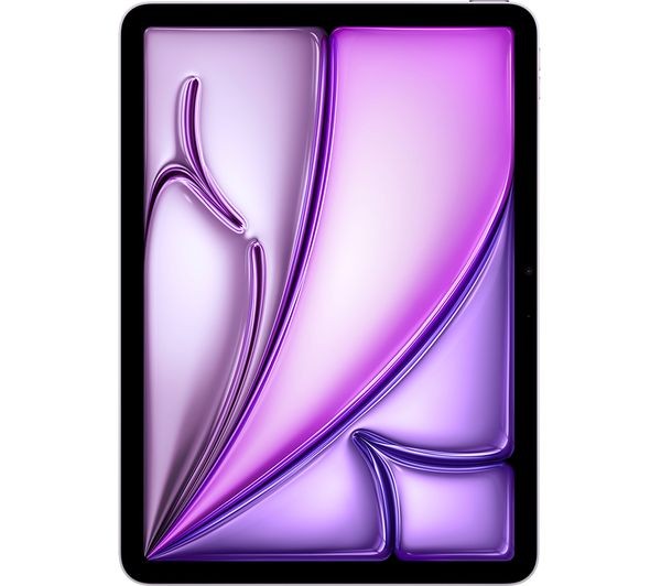Apple iPad Air 6th Gen in a sleek black frame, featuring an 11-inch display with a vibrant purple abstract design, includes a support voucher and 128GB storage.
