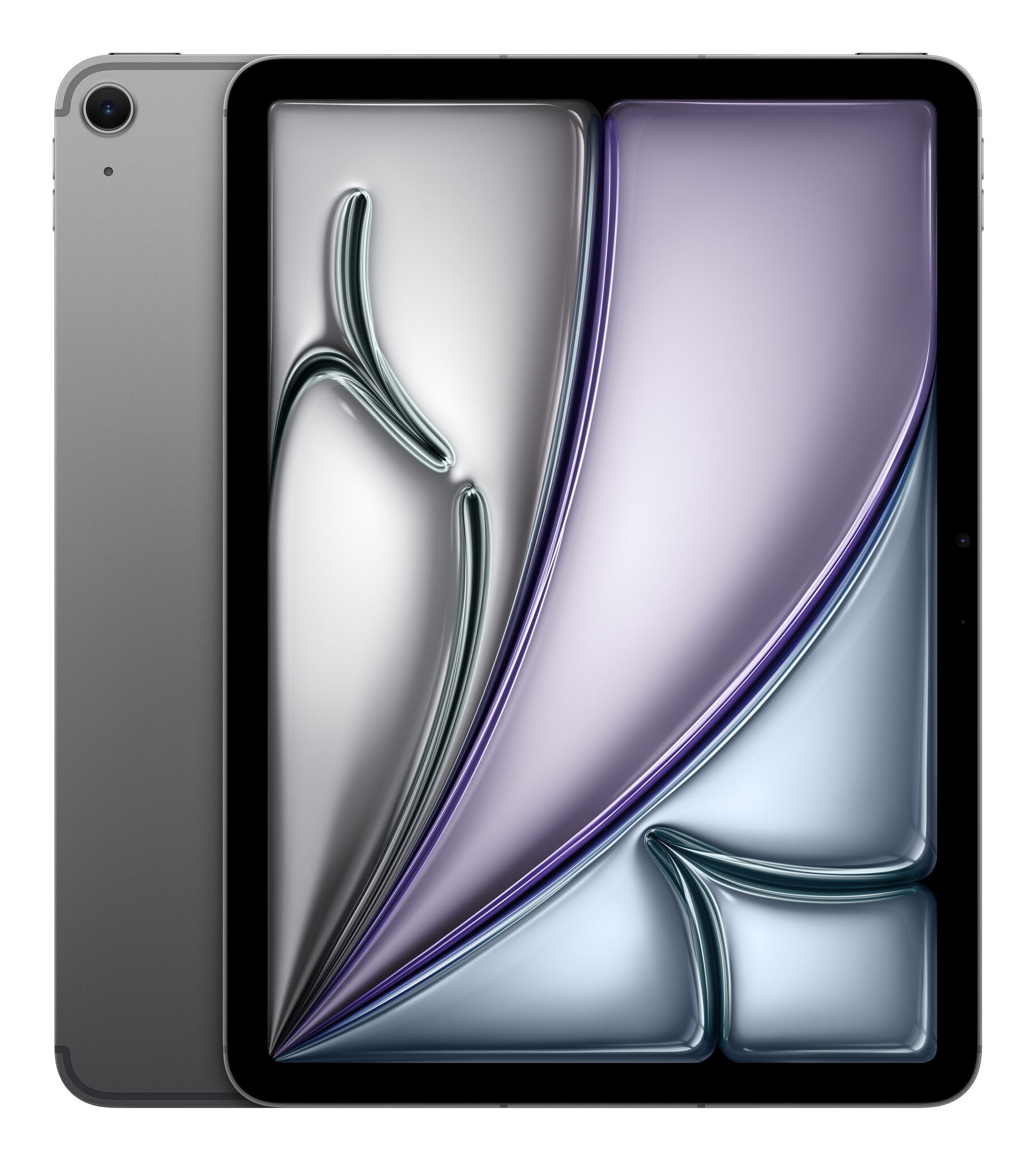 Apple iPad Air 2025 in space grey, featuring a sleek design, 11-inch display, and a smooth, glossy finish, showcasing a vibrant abstract wallpaper.