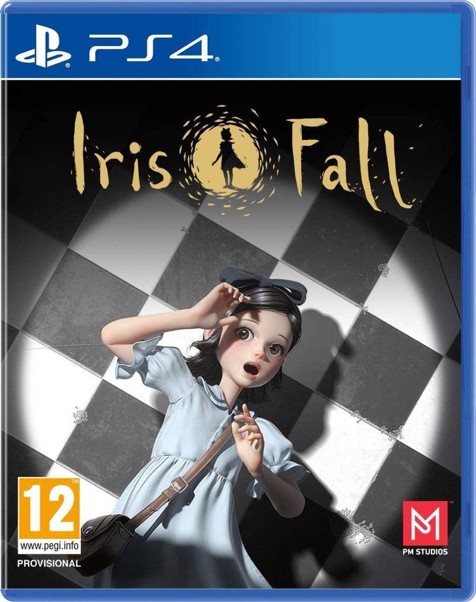 Cover art for "Iris Fall" on PlayStation 4 features a girl in a blue dress with a camera, set against a black and white checkered background, with the game title prominently displayed.
