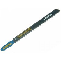 Irwin wood jigsaw blade, black with blue shank, yellow "Wood Cutting" label, pack of 5, model T101Ao.
