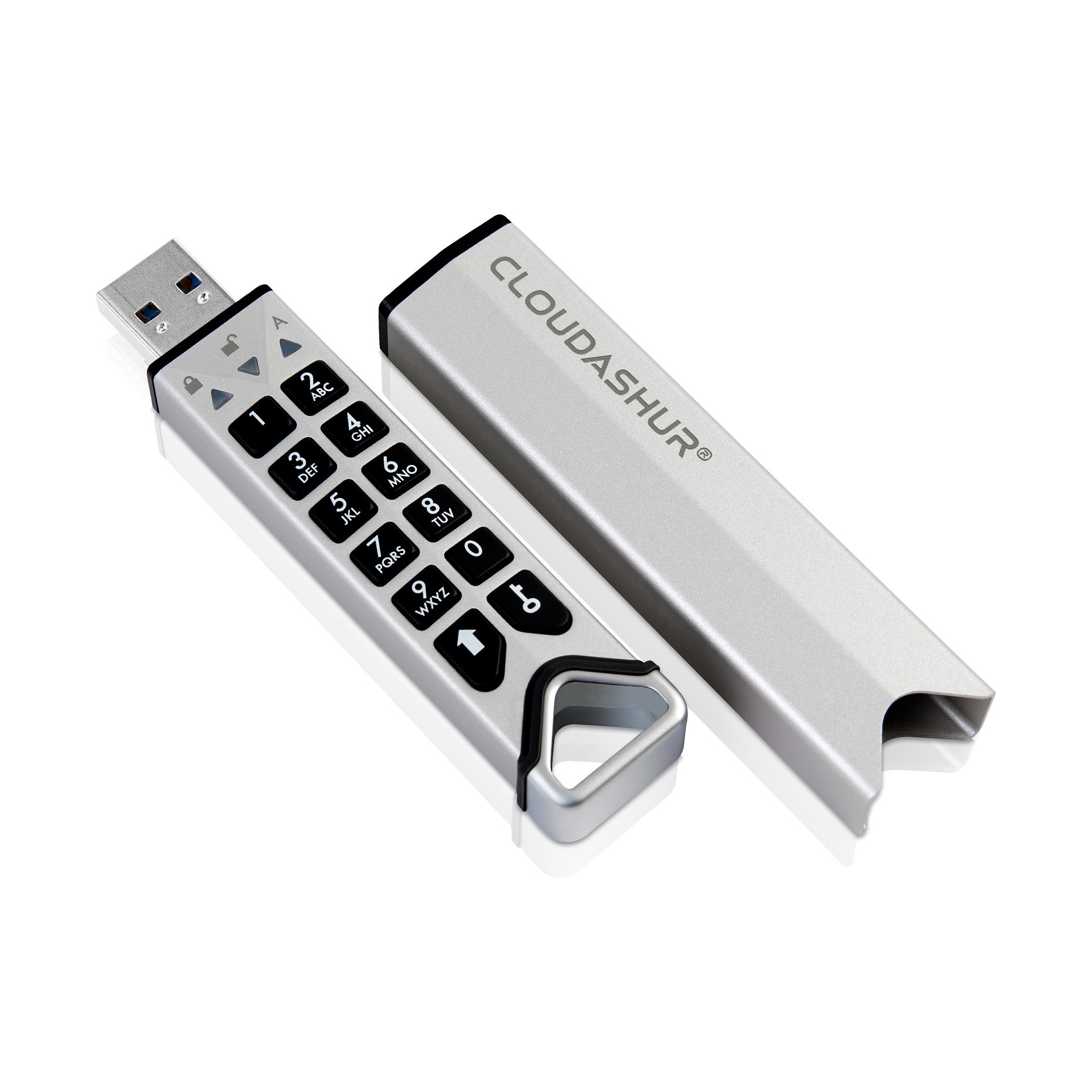 Silver hardware security module with a USB connector and a numeric keypad, featuring a protective cover and a sleek, modern design for data encryption.