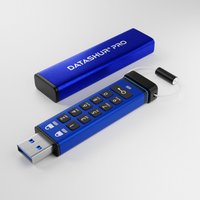 Blue iStorage datAshur PRO USB drive with numeric keypad and protective cap, 256-bit encryption, 32GB capacity.