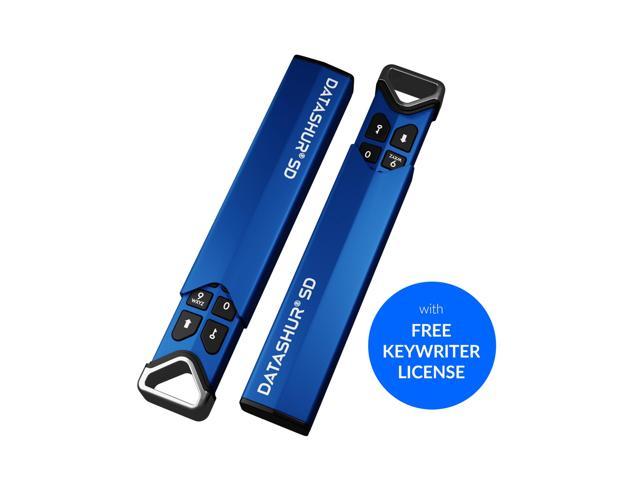 Blue USB stick with a sleek design, featuring a black cap, a secure keypad, and labeled "DATASHUR SD" prominently on the side, includes a circular blue badge stating "with FREE KEYWRITER LICENSE."