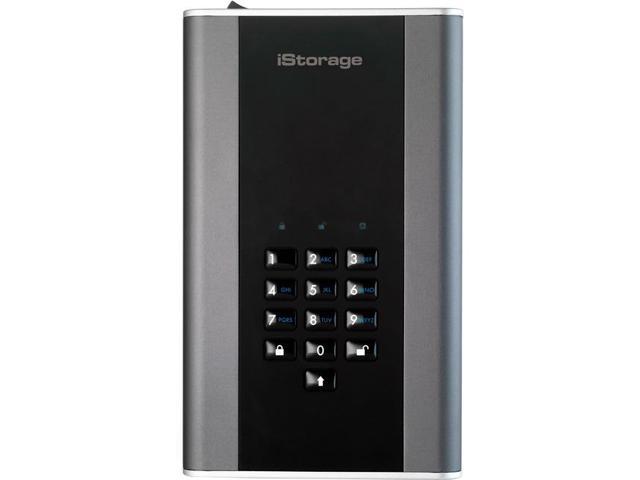 Secure portable desktop drive with a sleek black and silver design, featuring a numeric keypad for access, labeled buttons, and a robust casing, labeled "iStorage."