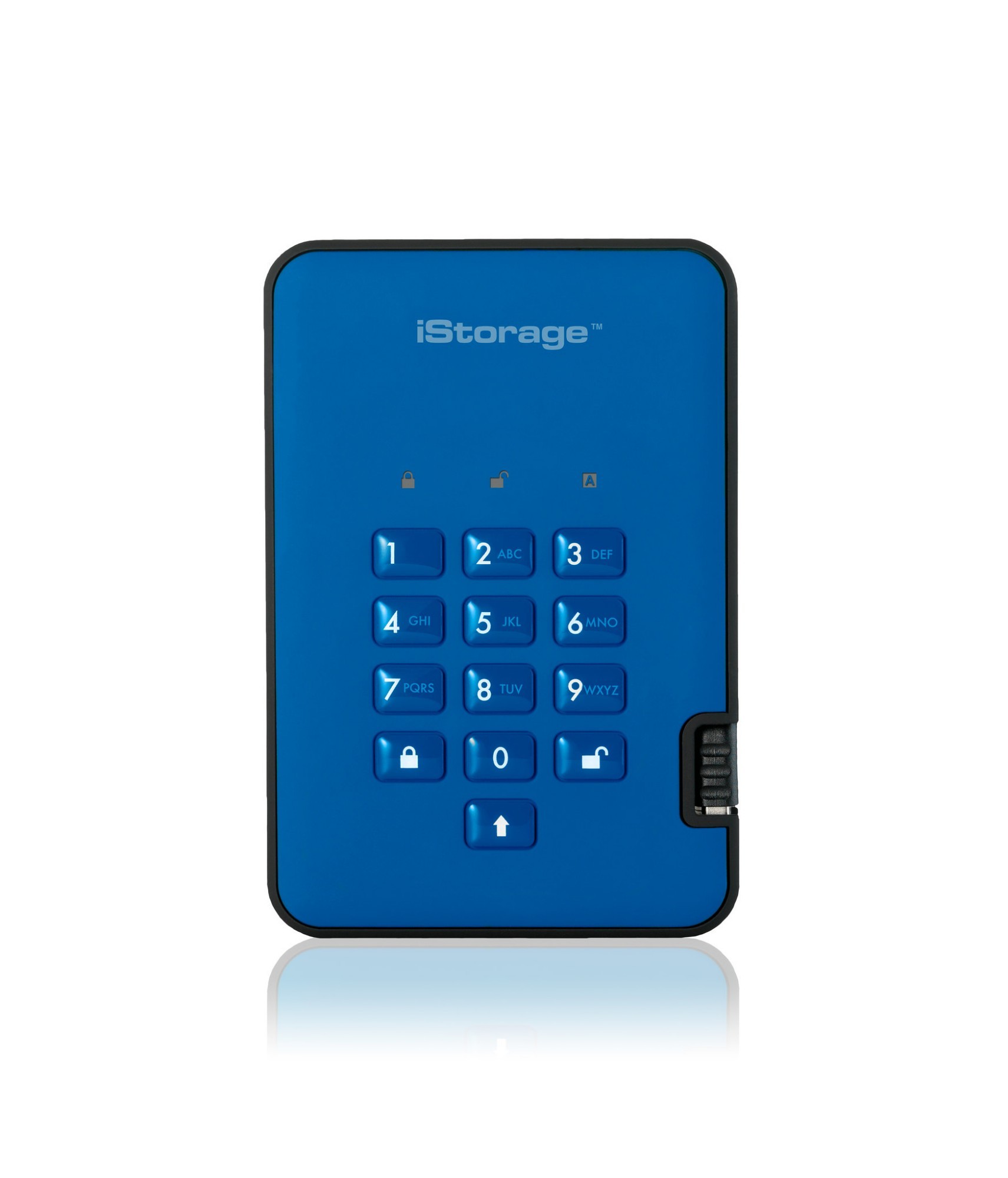 Blue iStorage DiskAshur² portable hard drive with a keypad for secure access, featuring a sleek design and AES-XTS encryption for data protection.