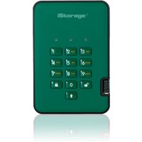 Green iStorage diskAshur² 1TB HDD with numeric keypad, PIN protection, and rugged design.