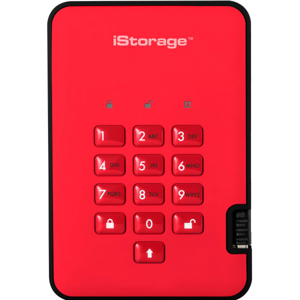 Red iStorage DiskAshur² portable hard drive with a keypad for secure access, featuring a sleek design and a durable casing, offering 3TB of storage with AES-XTS encryption.