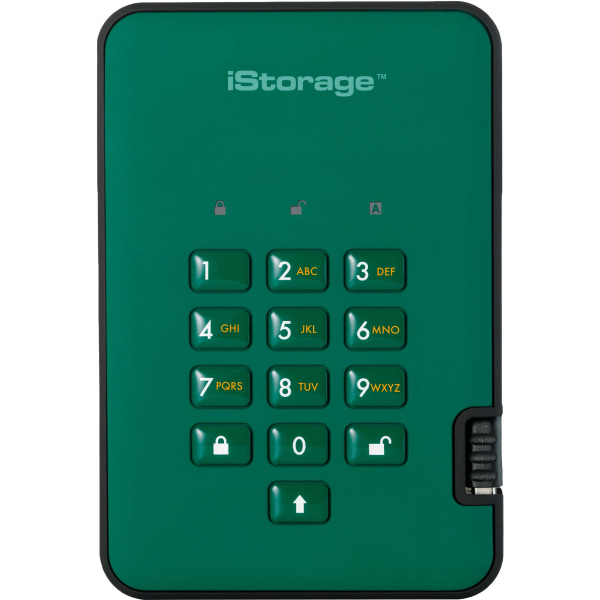Green iStorage DiskAshur² 500GB portable hard drive featuring a numeric keypad, secure AES encryption, and a robust casing for data protection.