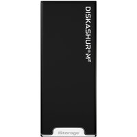 Black iStorage diskAshur M² SSD with white text, sleek rectangular design, silver accents, and secure keypad.