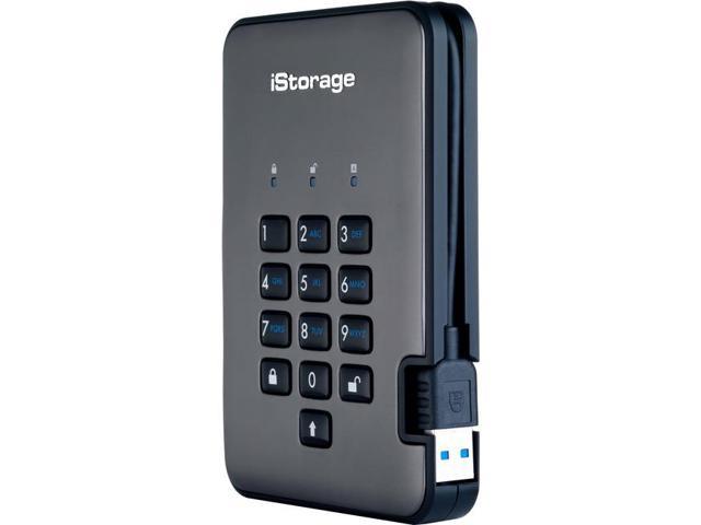 Black portable hard drive with a numeric keypad on the front, featuring a USB connection on the side and labeled "iStorage DiskAshur PRO²" with a FIPS 140 security certification.