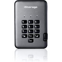 Gray iStorage diskAshur PRO² SSD with numeric keypad, black buttons, and secure PIN entry system.