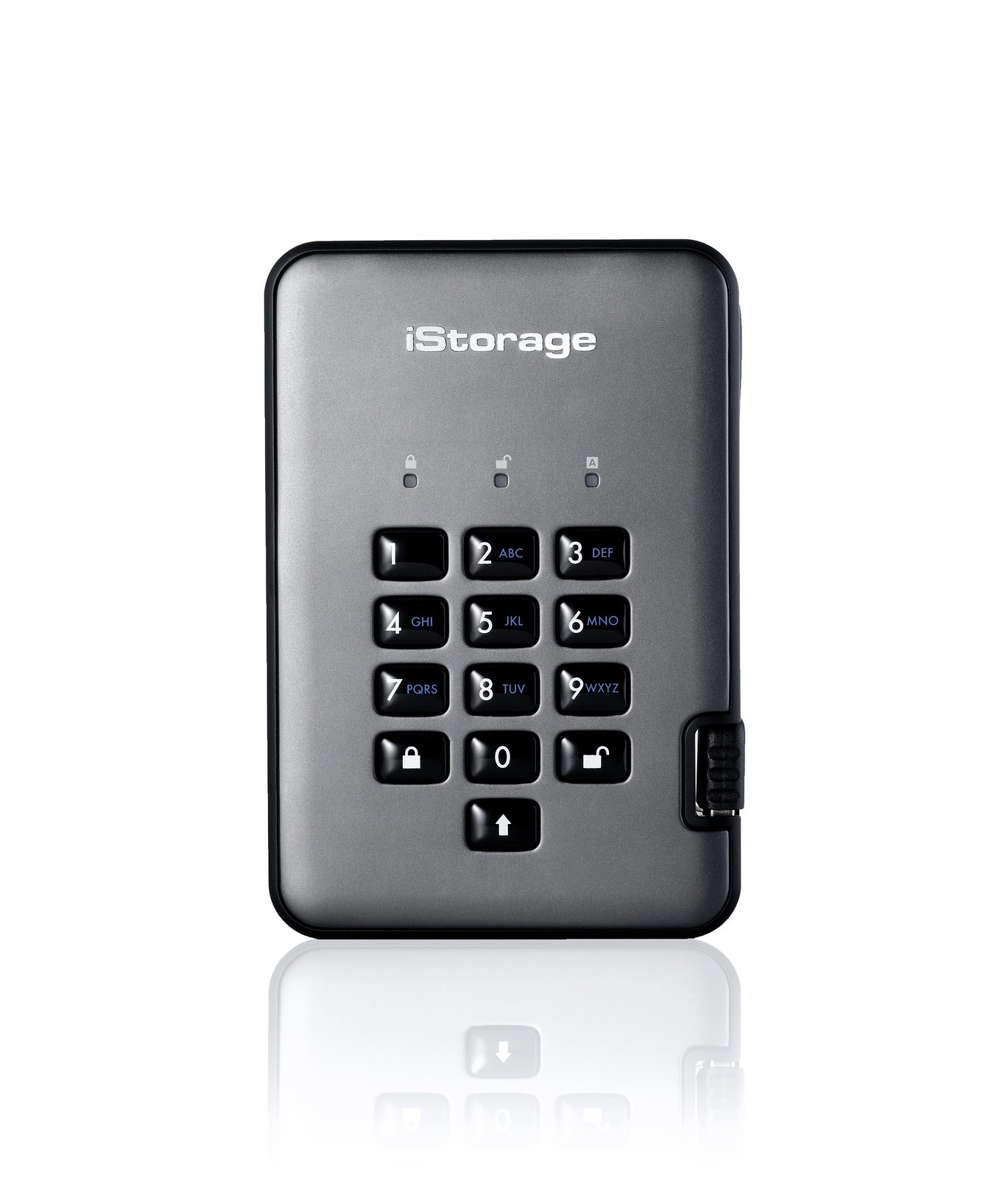 Black iStorage DiskAshur PRO² SSD 4TB featuring a numeric keypad for secure access, compact design, and a durable casing, ideal for portable data storage.