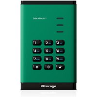 Green iStorage diskAshur³ 1TB SSD with numeric keypad, black trim, and status lights, PIN protected, water/dust resistant.