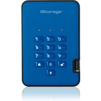 Blue iStorage diskAshur² SSD with numeric keypad, PIN protection, and rugged design for secure data storage.