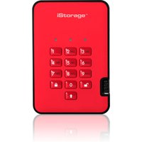 Red iStorage diskAshur² SSD with numeric keypad, black trim, and 4TB capacity, featuring hardware encryption.