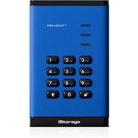 Blue iStorage diskAshur³ SSD with numeric keypad, black trim, and LED indicators, 512GB secure portable drive.