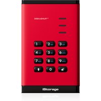 Red iStorage diskAshur³ SSD with numeric keypad, black edges, and secure PIN entry system.