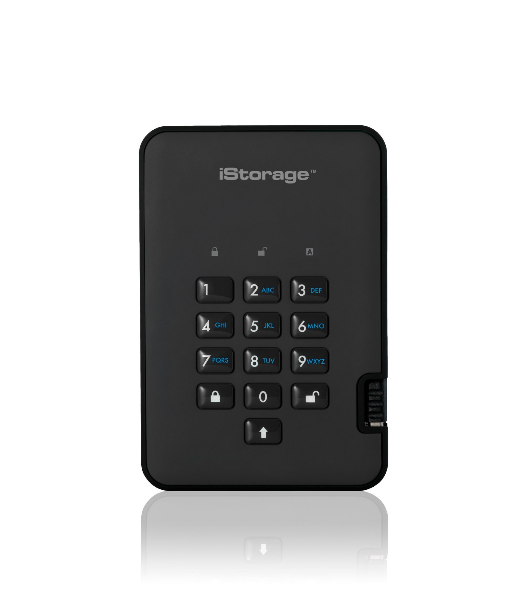 Black iStorage DiskAshur² SSD, 8TB portable solid state drive featuring a numeric keypad for secure access and a sleek, durable design.