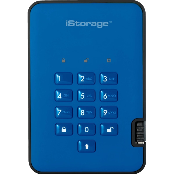 Blue iStorage DiskAshur² SSD, an 8TB secure portable solid state drive, featuring a numeric keypad for security and a sleek, durable design.