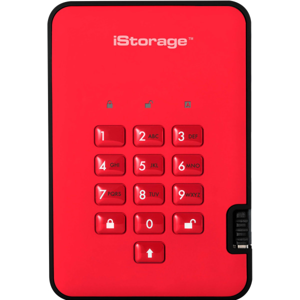 Red iStorage DiskAshur² SSD, 8TB portable solid-state drive featuring a numeric keypad for secure access, with a sleek black border and durable casing.