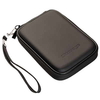Black, hard-shell carry case with a smooth exterior, featuring a zip closure and a wrist strap, designed for the iStorage DiskAshur2 range, measuring 15mm in thickness.