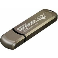 Kanguru Defender 3000 USB 3.0 flash drive, sleek silver design, black accents, FIPS 140-2 Level 3 Certified.