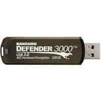 Black and silver iStorage Kanguru Defender 3000 USB 3.0 flash drive with secure encryption and protective cap.