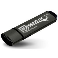 Black iStorage Kanguru Defender Elite30 USB 3.0 flash drive with silver text and kangaroo logo, 32GB capacity.