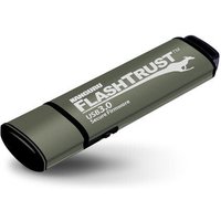 Olive green iStorage Kanguru FlashTrust USB 3.0 drive with black cap and physical write protect switch.