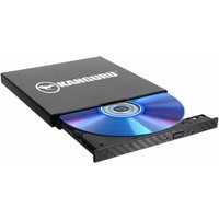 Black iStorage Kanguru QS Slim BD-RE Blu-ray Burner with open tray and inserted blue disc, compact and sleek design.