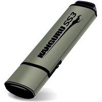 Gray iStorage Kanguru SS3 USB flash drive with black logo, physical write protect switch, and sleek rectangular design.