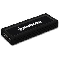 Black iStorage Kanguru UltraLock USB-C SSD with logo, rectangular design, and physical write protect switch.