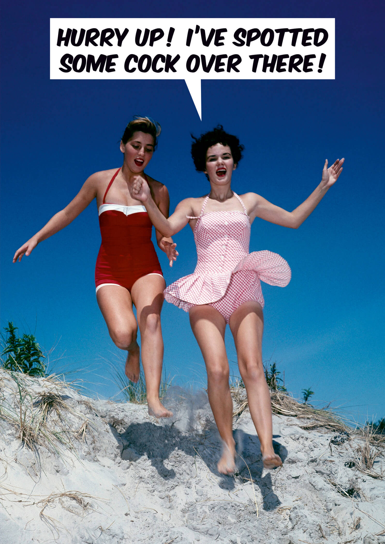 Two women in vintage swimsuits, one red and white and the other pink and white, run joyfully on a sandy beach under a clear blue sky, with a speech bubble above them.