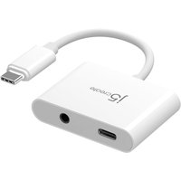 Black j5create USB-C to 3.5mm audio adapter with power delivery, compact design, short cable, and dual ports.