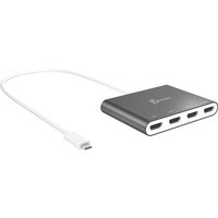 Silver USB-C to 4-port HDMI adapter with white cable, compact design, and j5create logo on top.