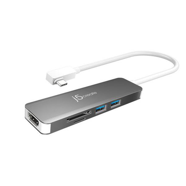 Sleek silver and white USB hub with two blue USB 3.0 ports, an HDMI port, and an SD card slot, featuring a flexible white cable for connectivity.