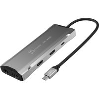 Gray j5create USB-C multi-monitor mini dock with HDMI ports, USB-C cable, and sleek metallic finish.