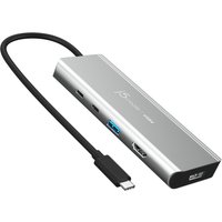 Silver j5create USB4 hub with dual 4K HDMI ports, USB-C, USB-A, and Ethernet, attached black cable.