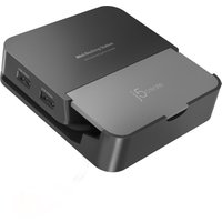 Black j5create mobile dock station with two USB ports and sleek metallic finish