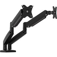Black j5create ergonomic dual monitor mount with adjustable arms and VESA plates.