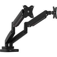 Black dual-monitor mount with adjustable arms and built-in docking station, featuring USB ports and sturdy base.