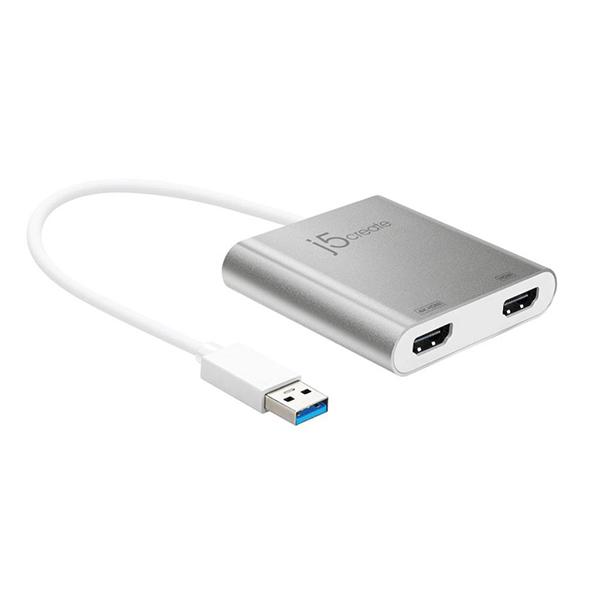 Silver USB 3 to dual HDMI multi-monitor adapter with a white cable, featuring two HDMI ports and a USB connector, designed for connecting multiple displays.