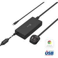 Black j5create 100W PD USB-C charger with UK plug, includes 1.2 m cable, rectangular design with logo on top.