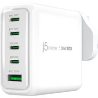 White j5create 100W GaN USB-C charger with five green USB-C ports and logo on the side.