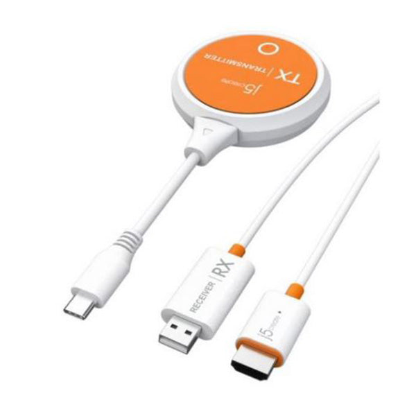 White circular device with an orange top labeled "TX," featuring a USB-C and HDMI connector, designed for wireless display extension.