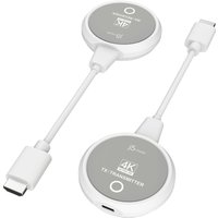 White j5create 4K wireless HDMI extender with round transmitter and receiver, featuring USB-C and HDMI connectors.