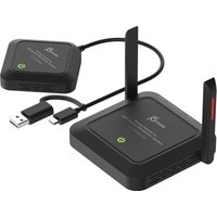 Black j5create JVW120 wireless extender with dual antennas, USB and micro USB connectors, compact square design.